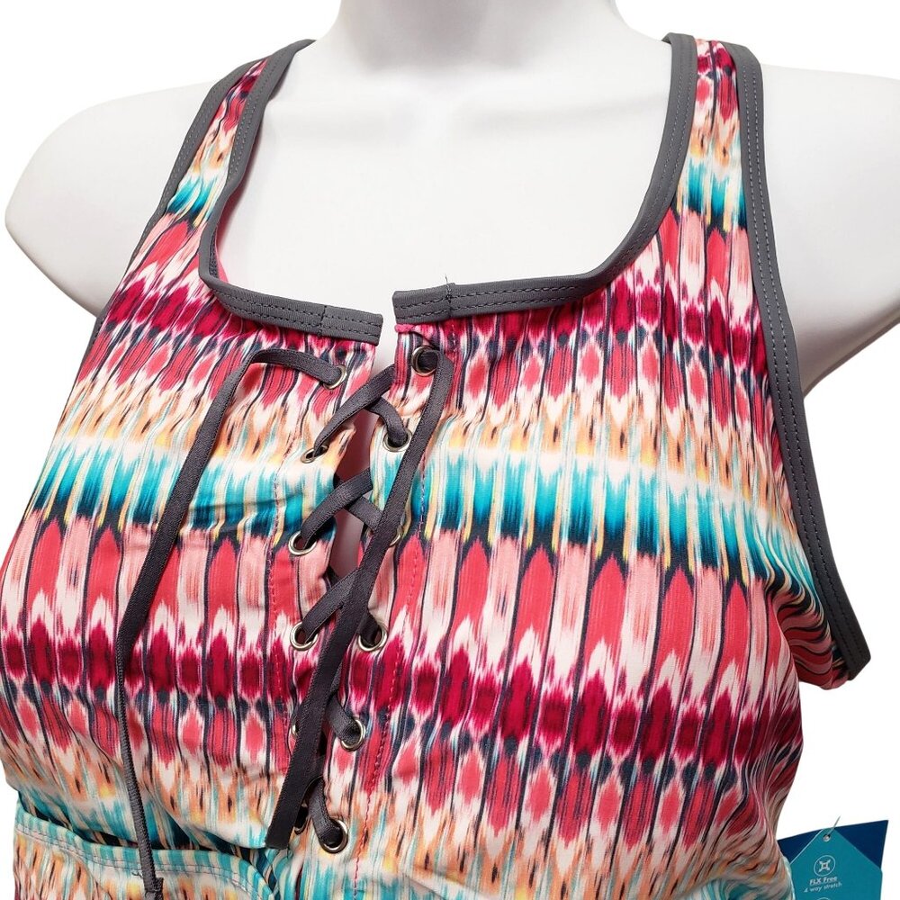 Free Country XL Tankini Top Multi-Color Strappy Back With Lace-Up Front Swimwear - Picture 3 of 13